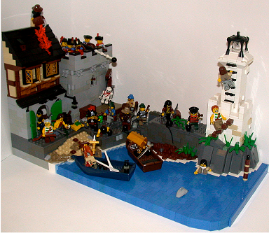 pirates pillage village lighthouse snot water port boats shark war action soldiers