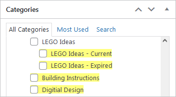 Screenshot of WordPress - Post - Categories - LEGO Ideas