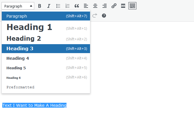 Screenshot of WordPress - Post - Content - Toolbar - Headings