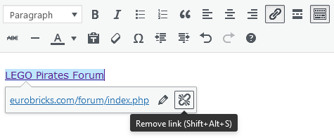 Screenshot of WordPress - Post - Content -Toolbar - Hyperlink - Remove