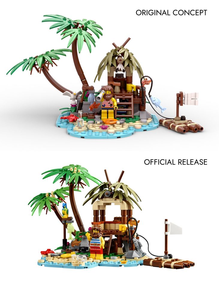 Side by side comparison of Ray the Castaway contest entry vs official set