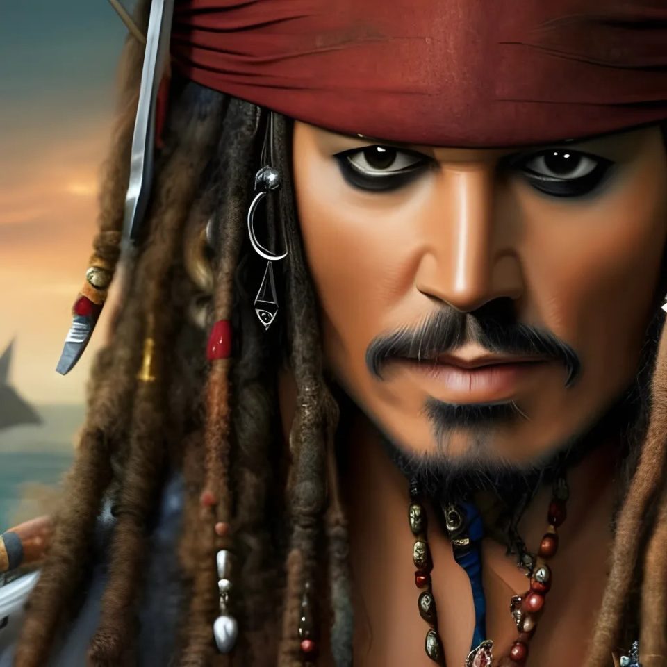 AI Art generated by Midjourney with prompt "Insanely detailed portrait of Jack sparrow"