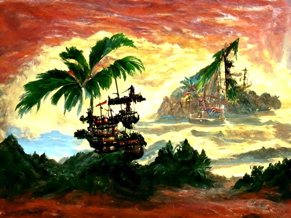 AI Art generated by Disco Diffusion prompt "Painting of a pirate ship approaching a shimmering tropical island"