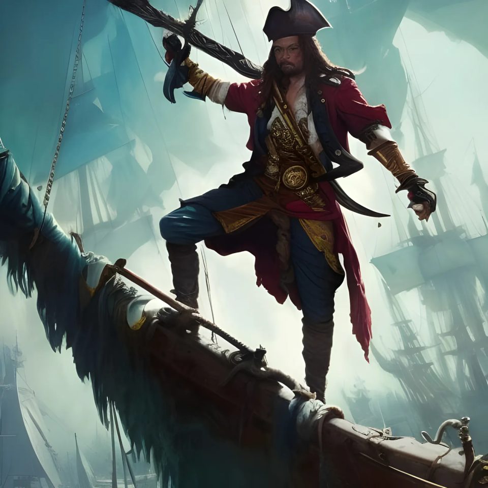 AI Art generated by Night Cafe prompt "lpirate captain standing on the bow of a ship"