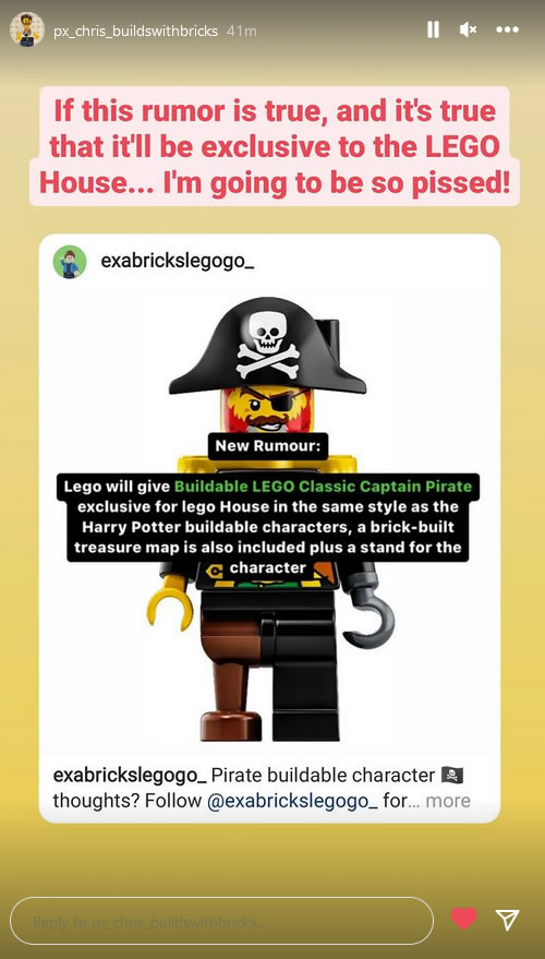 Screenshot of LEGO House Classic Pirate Captain Instagram Story