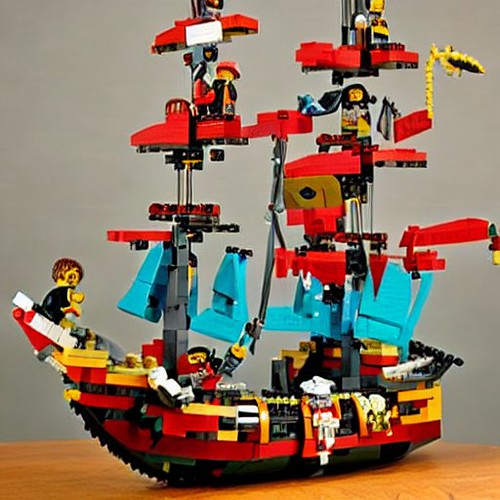 AI Art generated by Stable Diffusion prompt "lego pirate ship 1970s"