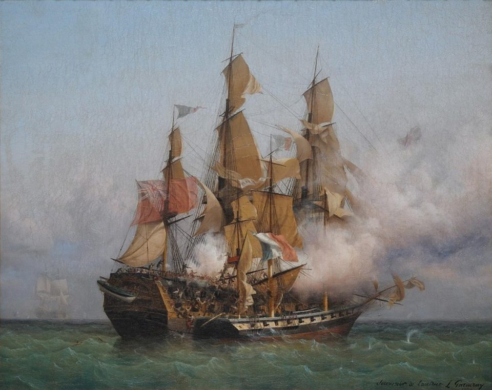 East Indiaman Kent (left) battling Confiance, a privateer vessel commanded by French corsair Robert Surcouf in October 1800