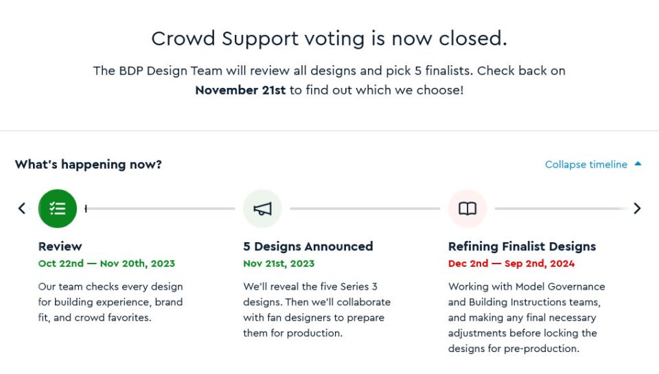 Screenshot of the BrickLink Designer Program 2023 Series 3 webpage during Review Phase