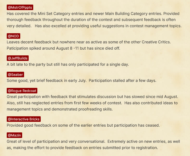 Updated feedback for Creative Critics as of 21 August, 2023
