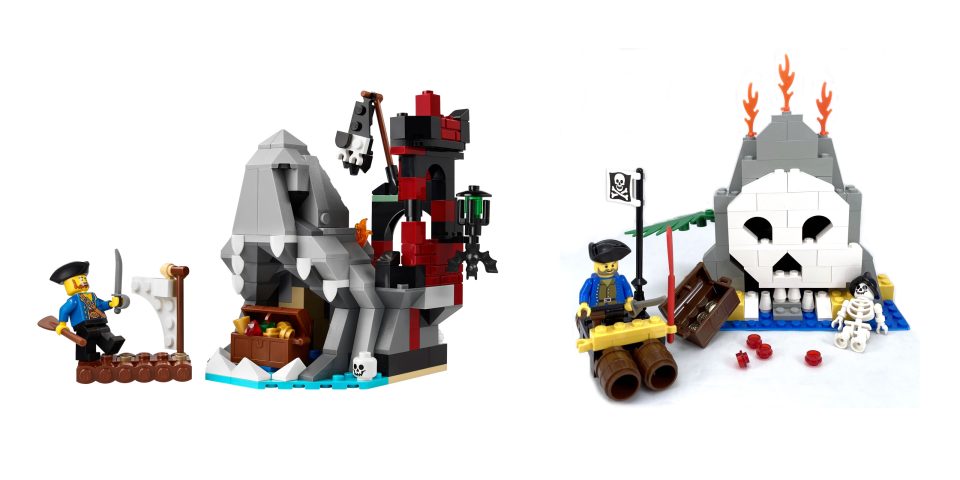 Side by side: 40597 Scary Pirate Island and 6248 Volcano Island