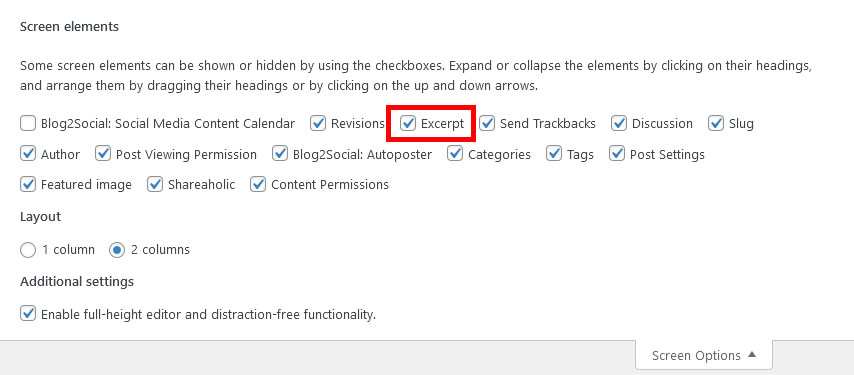 WordPress - Post Editor - Screen Options - Excerpt