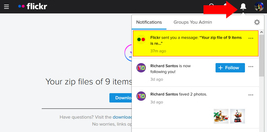 Flickr Album Download Notification Drop Down