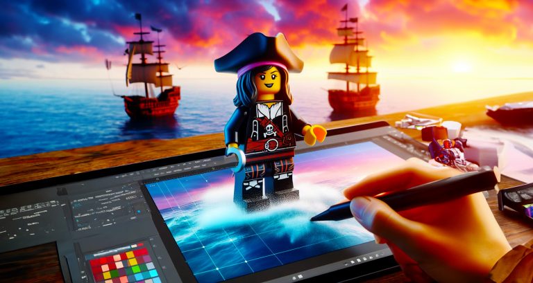 A female LEGO Pirate being 3D modeled a sunset