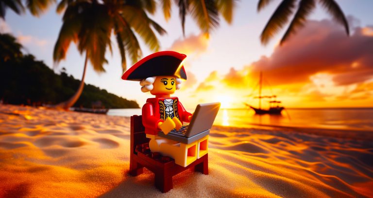 Imperial Guard using a laptop on tropical beach
