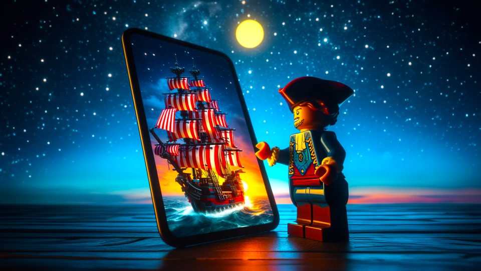 LEGO Pirate standing next to giant tablet device
