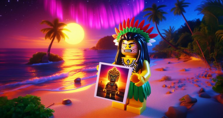LEGO Island minifigure on beach holding photo of idol