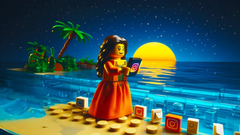 Dutch merchant\'s daughter using Instagram on beach at sunset