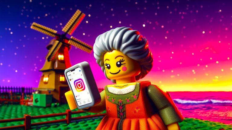 Dutch Haven Mistress Minifigure using Instagram at sunset near windmill
