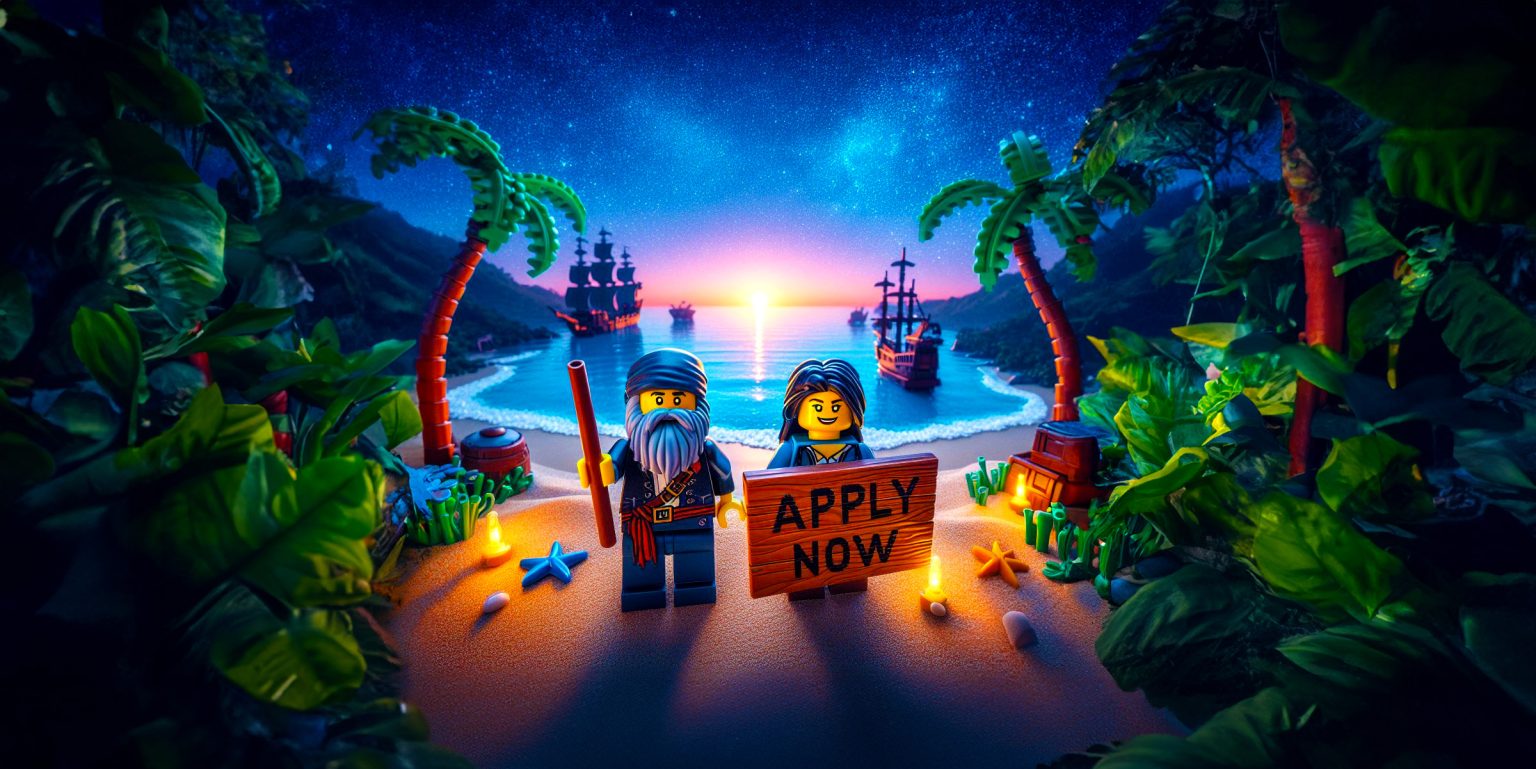 Two LEGO Pirates on beach holding Apply Now sign