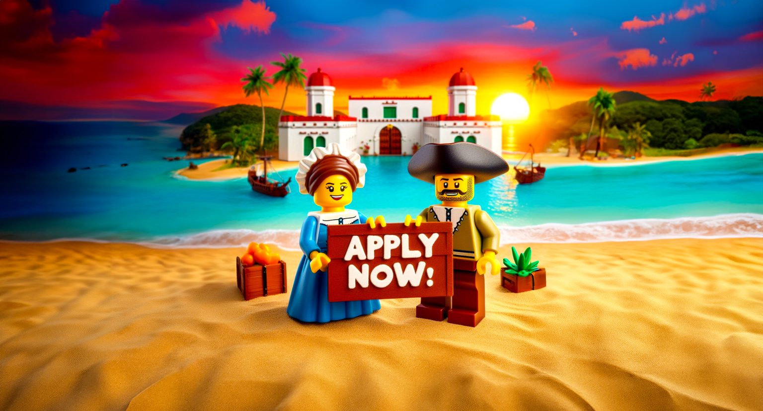 Two LEGO Armada peasants holding an Apply Now sign on a beach