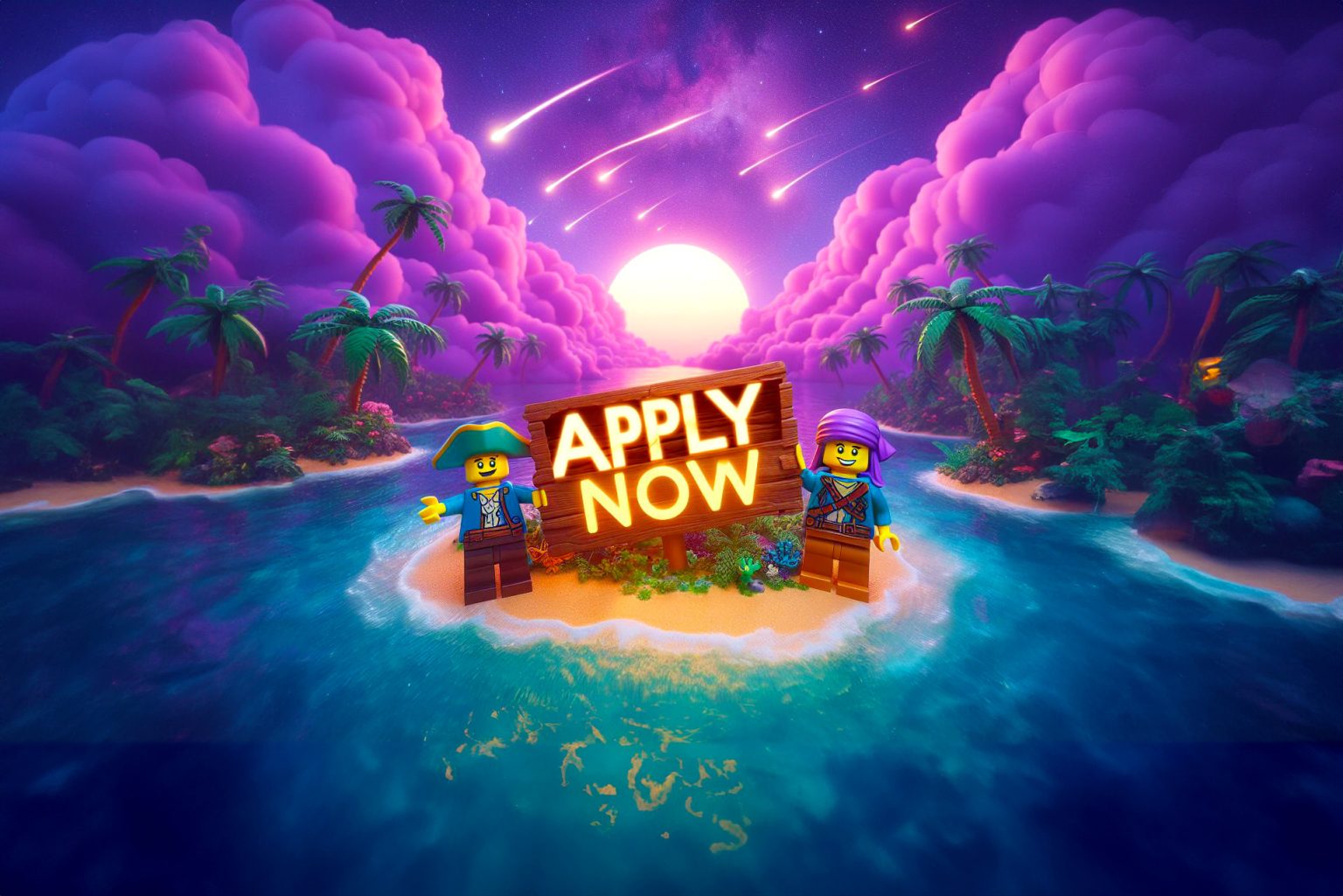 Two LEGO Pirates holding an Apply Now sign under a meteor shower