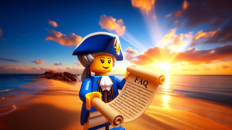 Female blue coat Soldier sitting on beach with scroll with heading FAQ