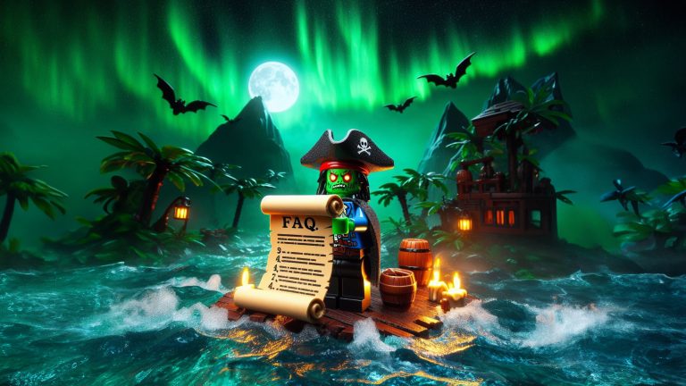 Zombie pirate on raft holding scroll with heading FAQ