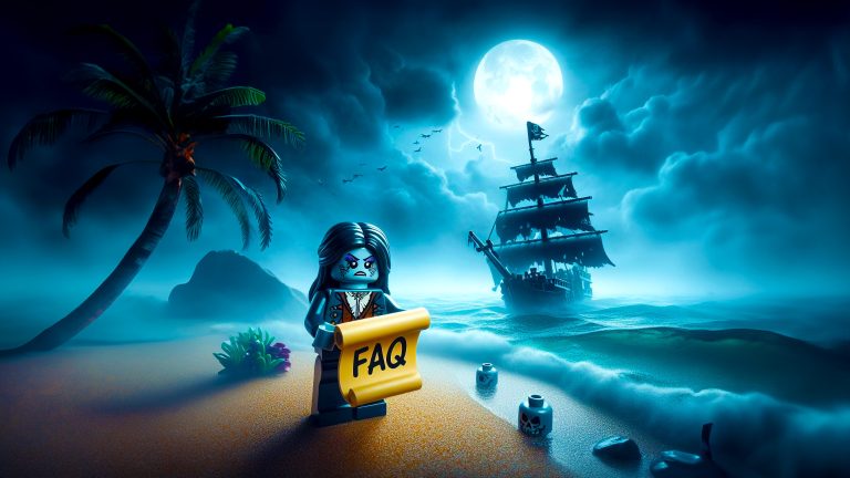 Female Zombie pirate on raft holding scroll with heading FAQ