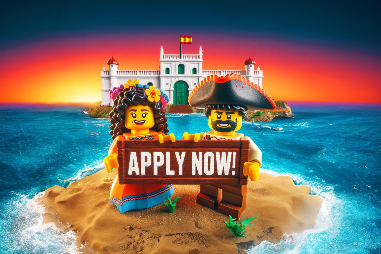 Two LEGO Armada peasants holding an Apply Now sign on a beach