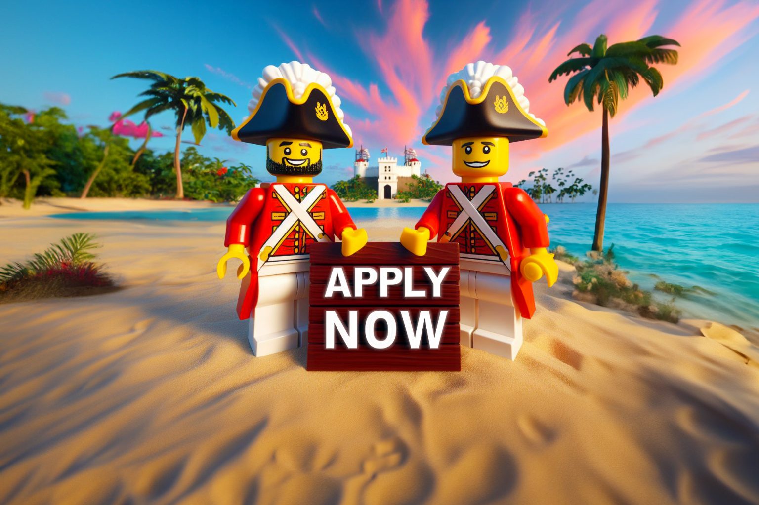 Two Imperial Guards Soldiers holding an Apply Now sign on a beach