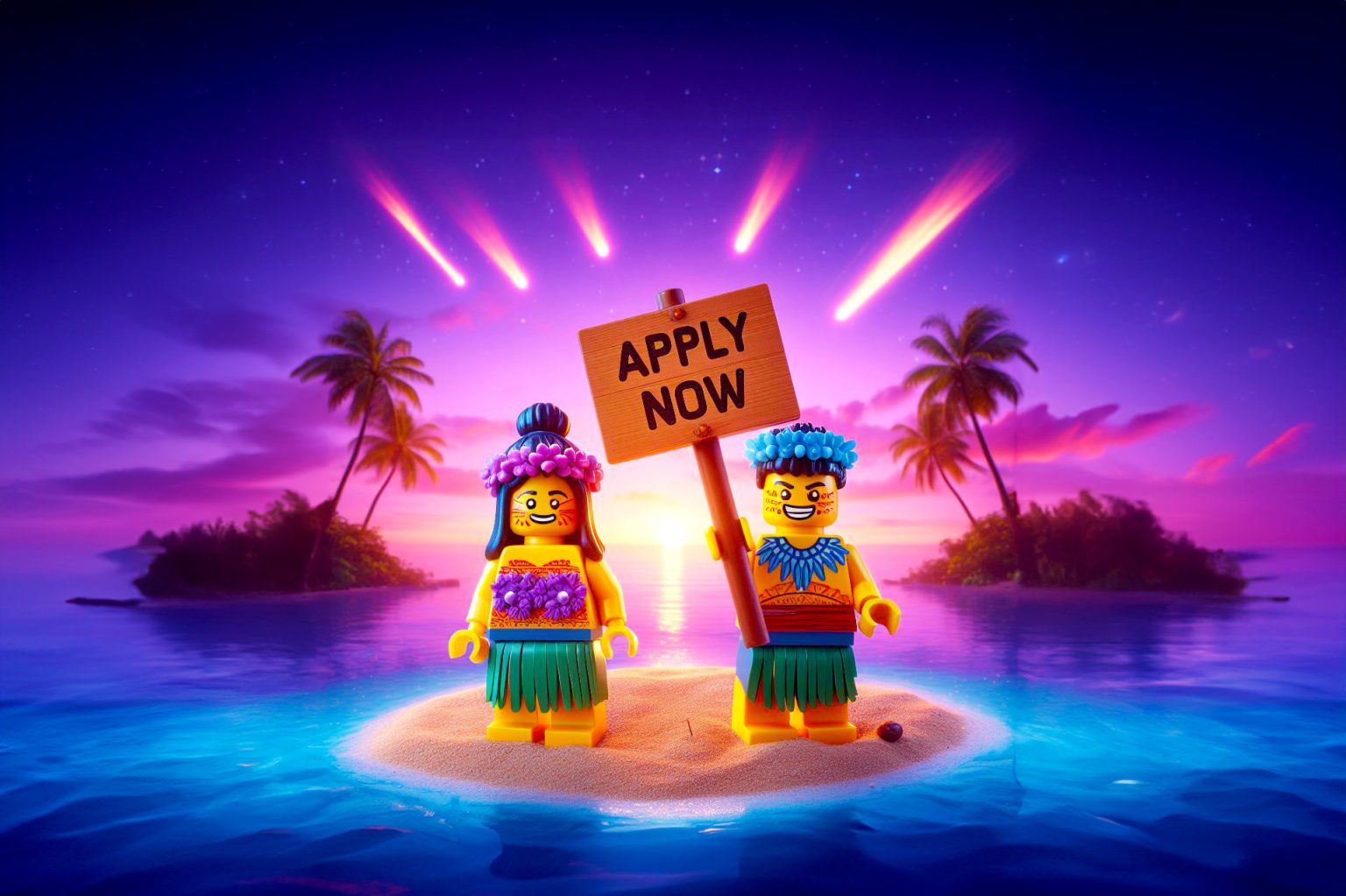 Two Islanders on a small island.  One is holding an Apply Now sign on a beach