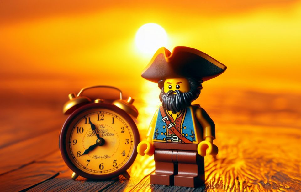 LEGO Pirate standing next to giant clock