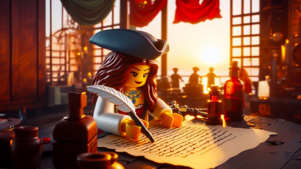 Female LEGO Pirate writing on parchment