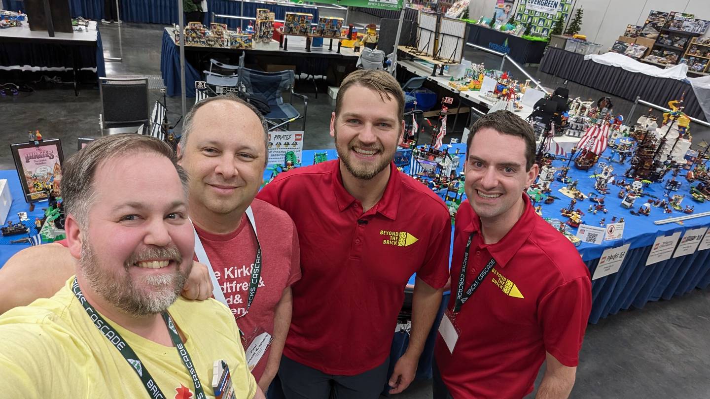 pxChris and attendees in front of LEGO Pirate Display at Bricks Cascade 2024