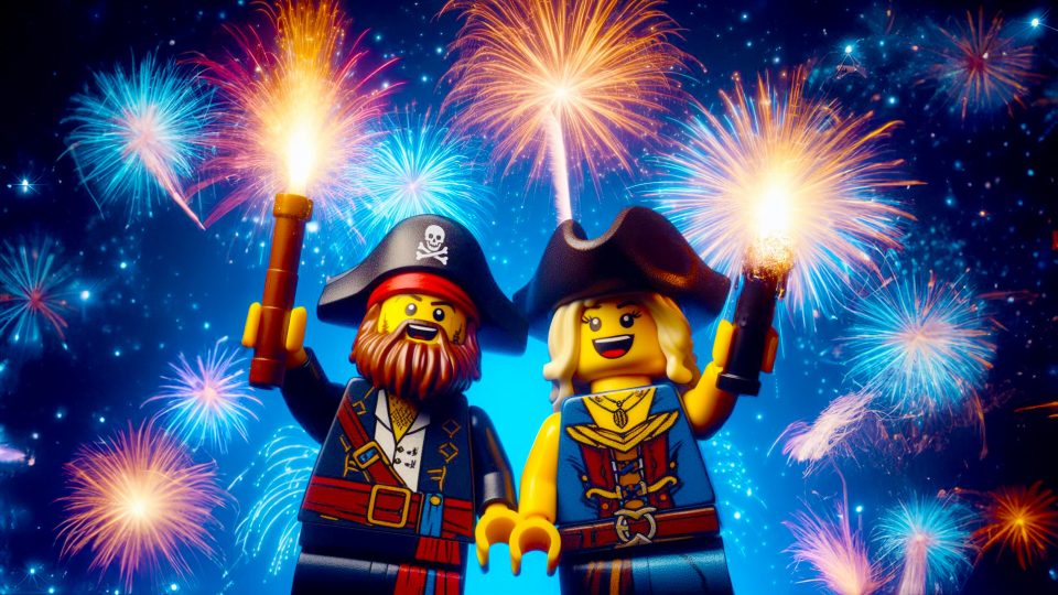 LEGO Pirates celebrating under fireworks