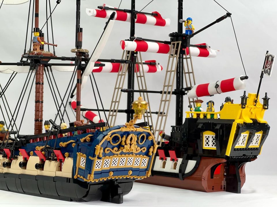 Close-ups of the sterns of the 21322 Black Seas Barracuda and Series 6 "Fortuna"