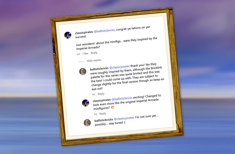 Screenshot of Instagram post asking BallisticBricks about Imperial Armada minifigures