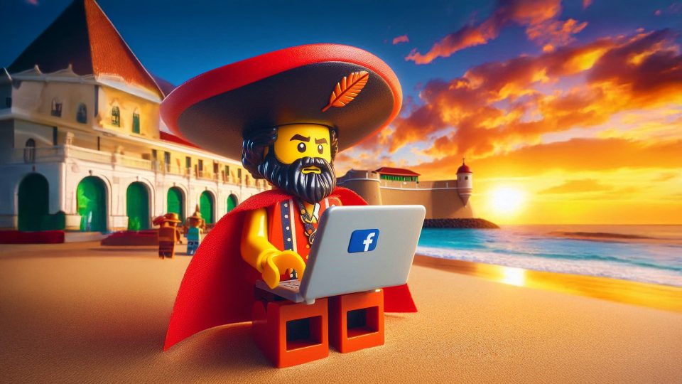 LEGO Governor Brickzarro minifigure using Facebook on laptop