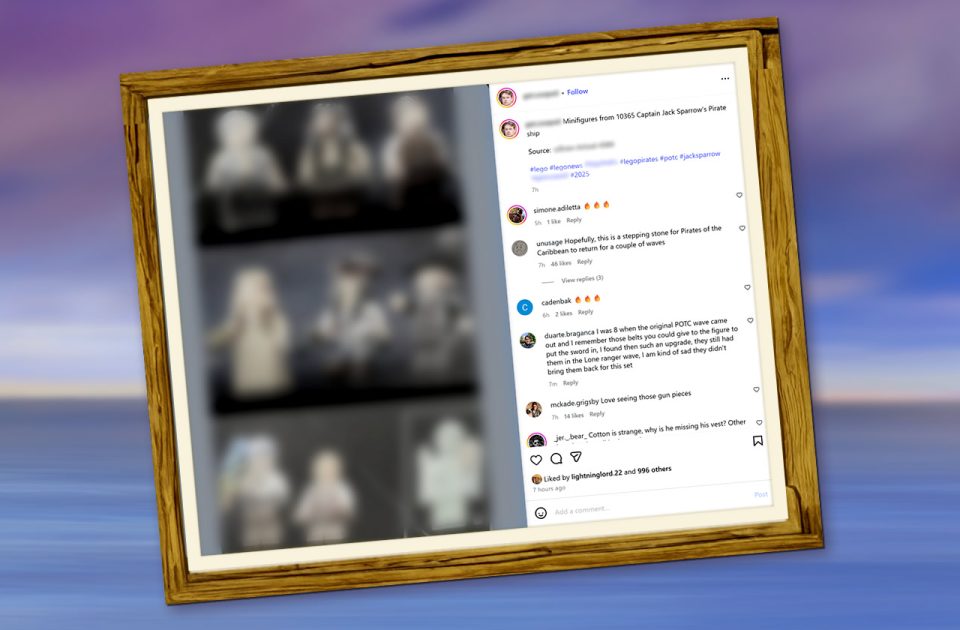 Screenshot of 3 August, 2025 Instagram Post with 8 Black Pearl minifigures