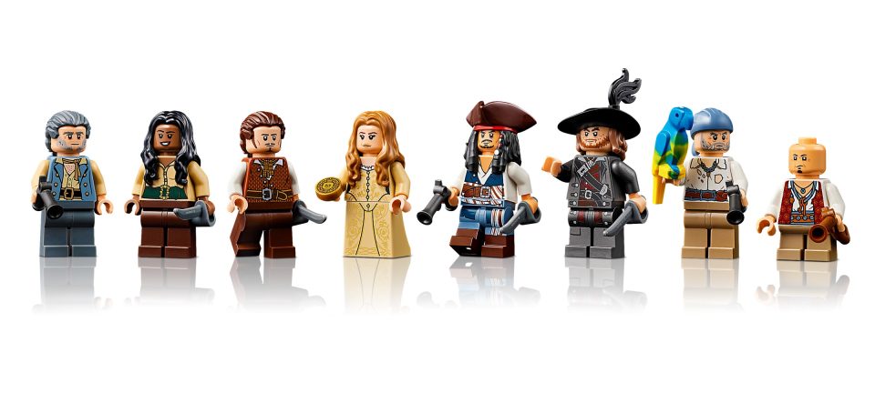 Minifigs of 10365 Jack Sparrow's Pirate Ship from the starboard broadside
