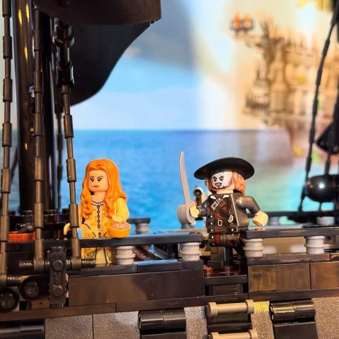 Elizabeth Swann and Captain Barbossa minifigs onboard LEGO Icons 10365 Captain Jack Sparrow’s Pirate Ship