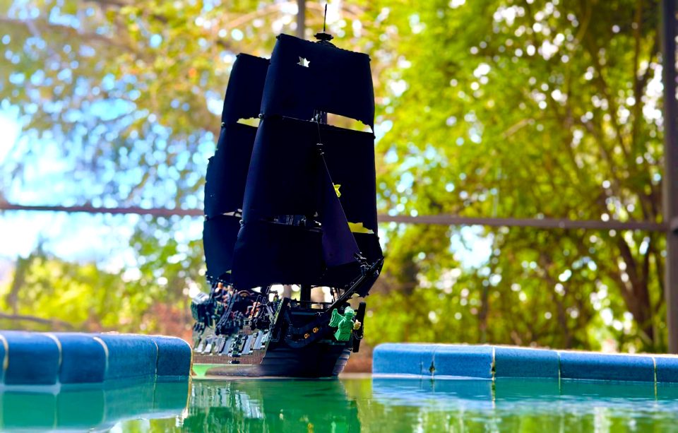 Eric Fernandes displays 10365 Jack Sparrow's Pirate Ship in pool