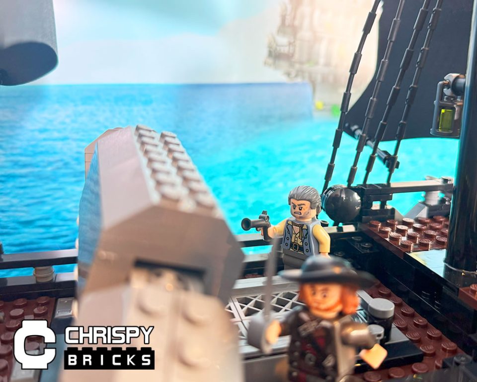 Barbossa and Gibbs minifigures evading kraken's tentacles on deck of 10365 Black Pearl wrapped