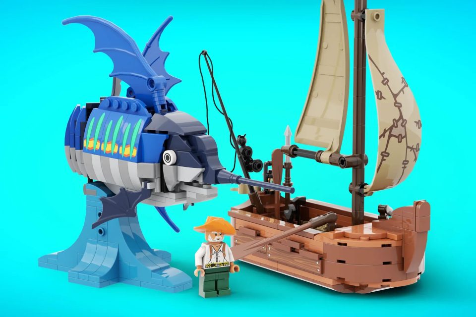 Click here to enlarge image Brick-built marlin and boat from "The Old Man and the Sea" by IYan Ha