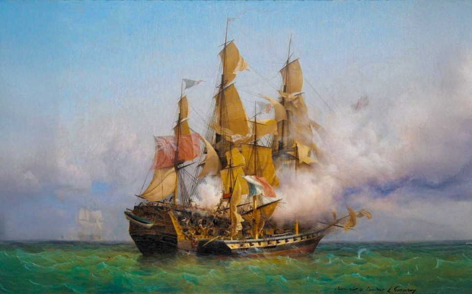 East Indiaman Kent battling Confiance, ship of French privateer Robert Surcouf - painting by Ambroise Louis Garneray, 1800