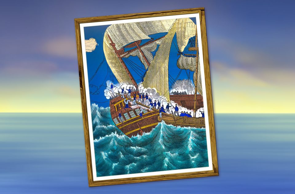 Engraving of Jean Lafitte approaching the Queen East ship of the Compagnie des Indes