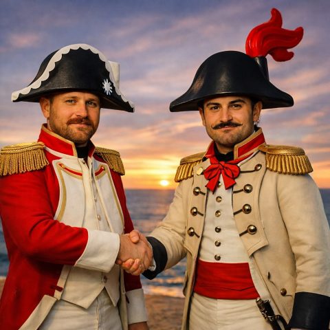 Admiral Woodhouse and Captain Blackwell shaking hands