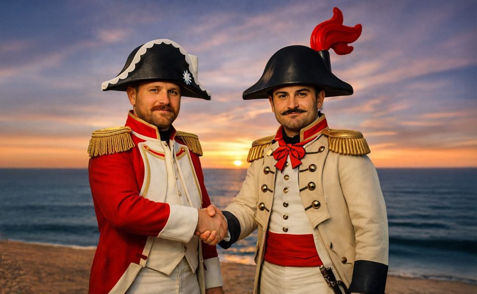 Admiral Woodhouse and Captain Blackwell shaking hands