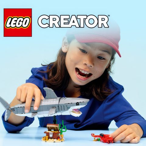 Child playing with Shark, Crab and Treasure chest from 31381 Fierce Shark with a Treasure Chest