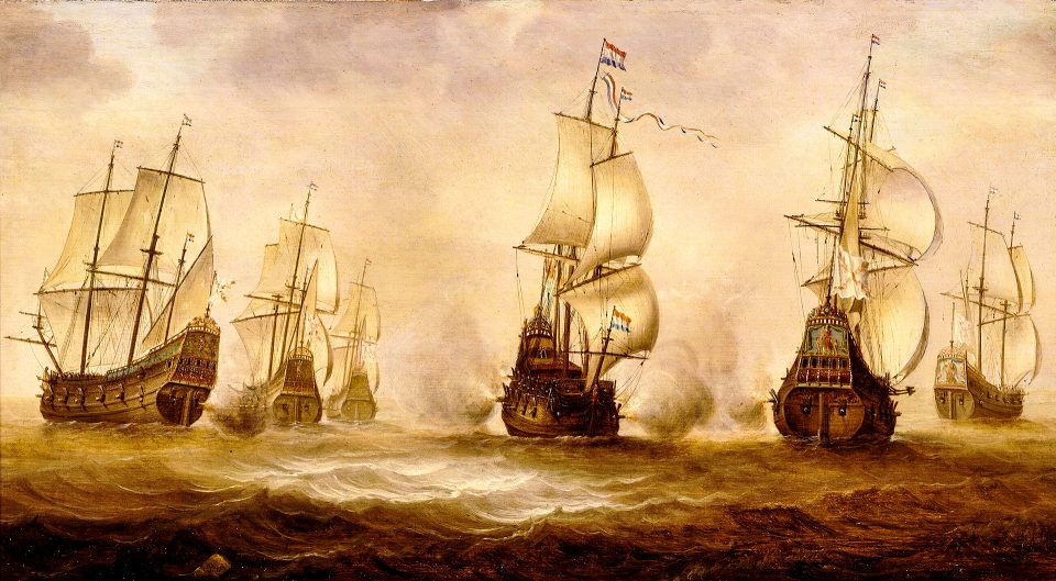 Click here to enlarge image Dutch warships under Witte de With fighting against Dunkirk Privateers off Nieuwpoort in 1640